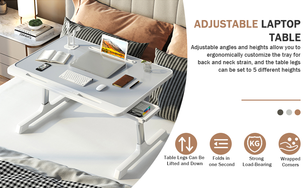 Laptop Desk for Bed, Adjustable Bed Table with USB Charge Port