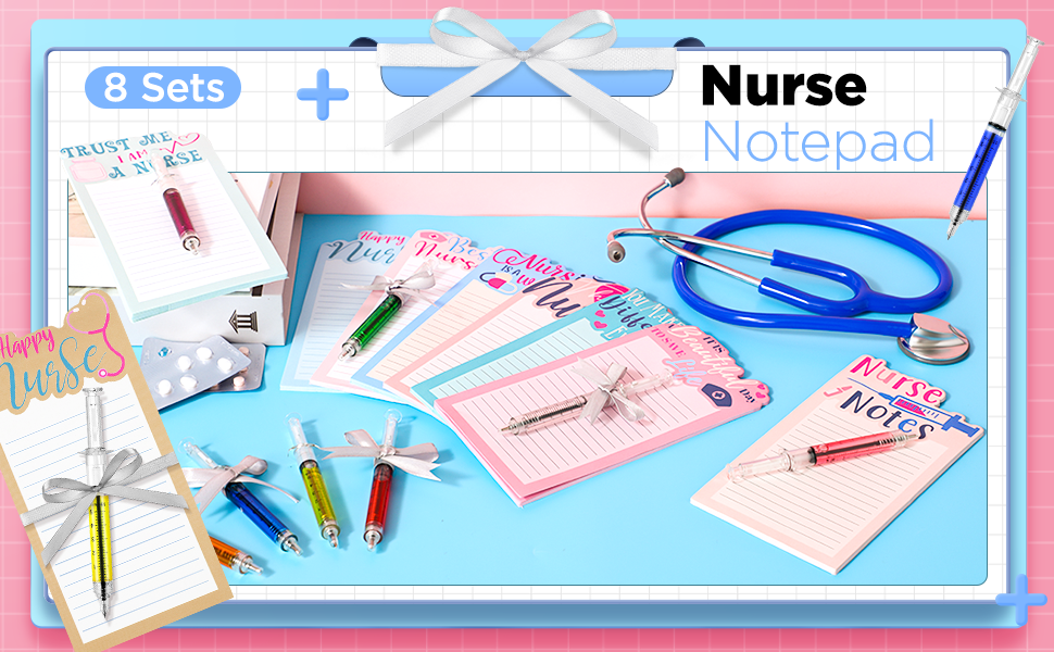 Laumoi 8 Sets Nurse Notepad Nurse Die Cut Note Pad with Syringe Ballpoint Pen