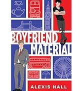 Book cover reading 'Boyfriend Material' with geometric patterns and illustrations in red and blue tones.