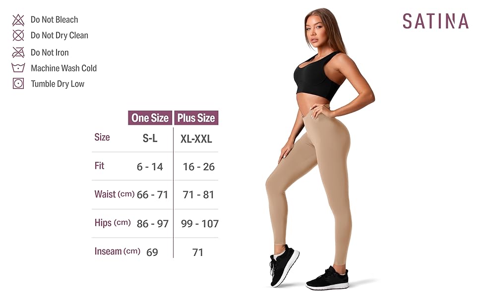 Beige leggings with size chart. Features include: do not bleach, dry flat, no iron, machine wash cold, tumble dry low. Available in one size and plus size.