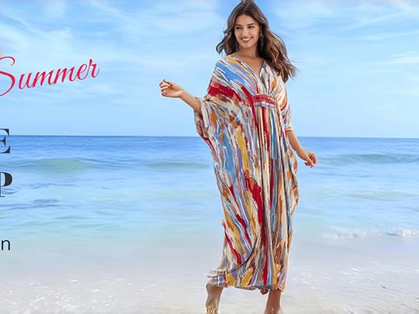 RanRui Women's V Neck Tie Dye Stripe Pleated Kaftans mrs