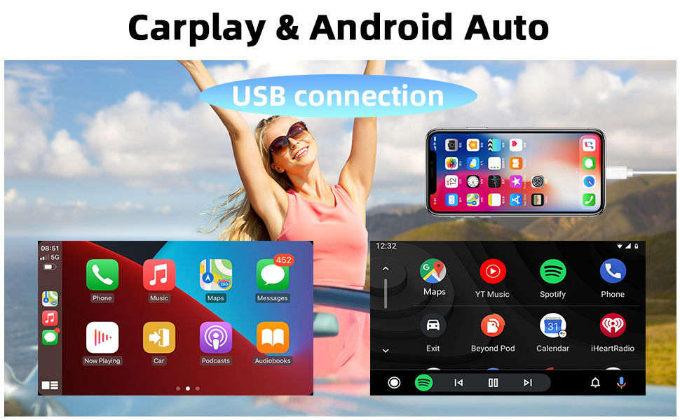 Podofo 1Din Autoradio Carplay 7'' mit Bildschirm Bluetooth 5.1 Android