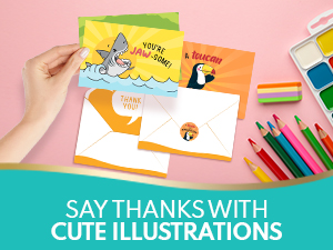 A hand holding the adorable funny thank you cards with envelopes and matching stickers