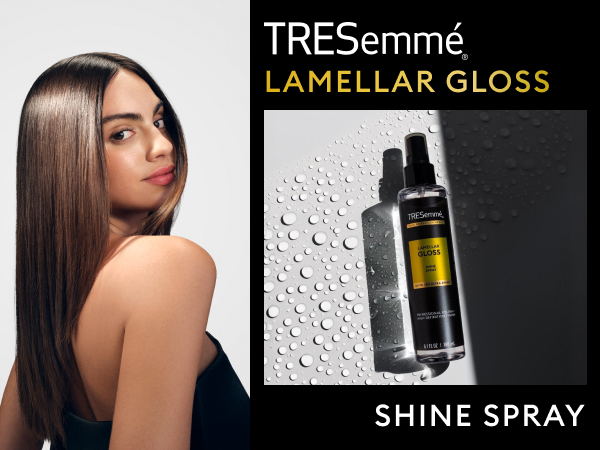 Woman with long, shiny brown hair with product shot on right and gloss droplets next to it.