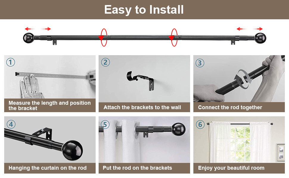 Adjustable Curtain Rods for Windows 66 to 120” 1inch Heavy