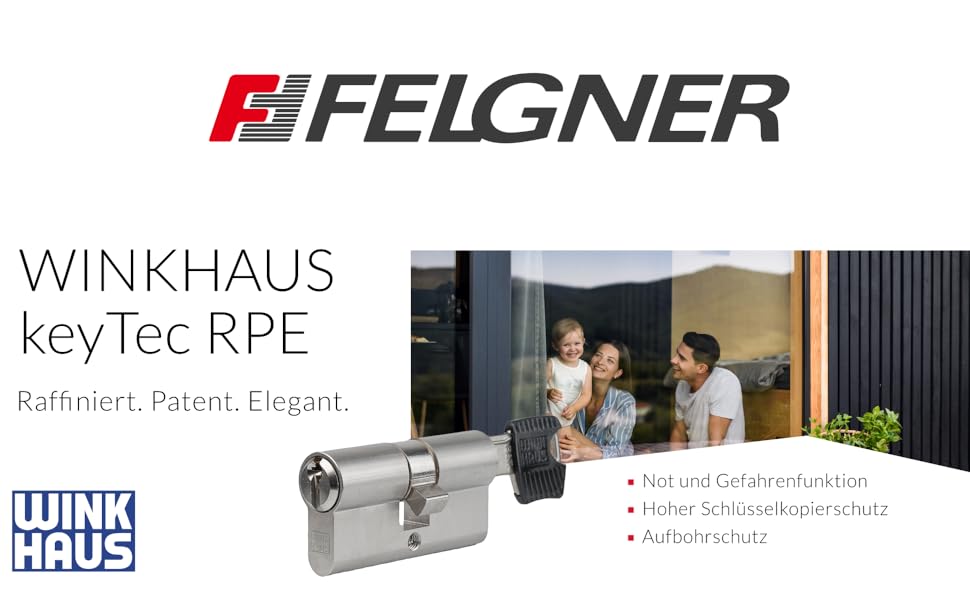 Der Text lautet „FEIGNER“ und „WINKHAUS KeyTec RPE“. Unternehmenslogos und Markenelemente auf professionellem Hintergrund.