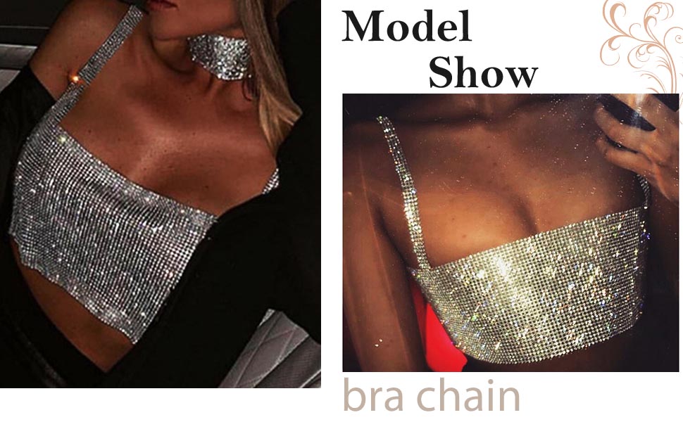 Jeweky Rhinestone Crop Top Sparkly Body Chain Silver Bra Chain Backless Chest Chains