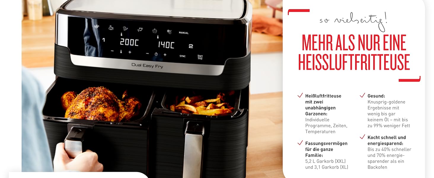Tefal Dual Easy Fry Heißluftfritteuse Doppelkammer, 5,2/3,1 L ...