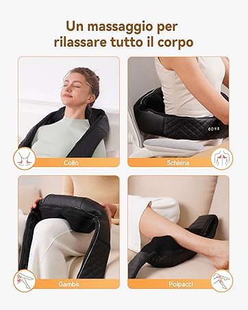 Dispositivo di massaggio mostrato in quattro pannelli che ne dimostrano l'uso su collo, schiena, gambe e polsi. Cuscino nero a forma di U con trama trapuntata