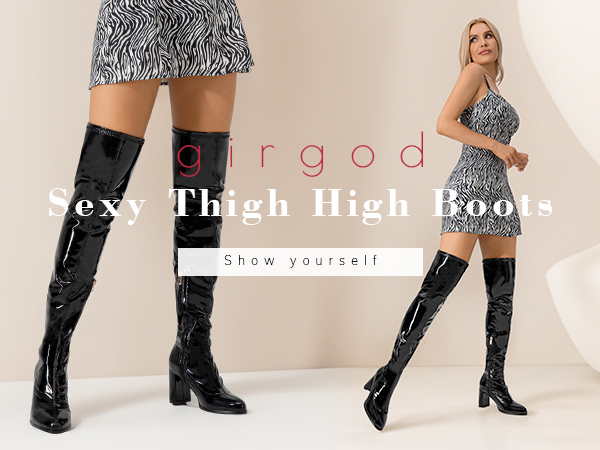 Amazon.com | girgod Pink Thigh High Boots for Women Patent