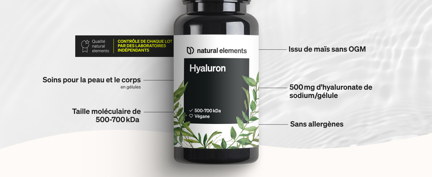 Flacon de supplément noir avec étiquette Hyaluron, entouré d'un texte français décrivant les spécifications du produit, y compris les informations sur la posologie et les allergènes