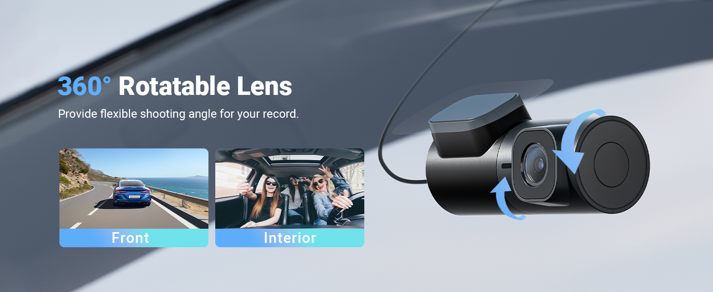 Diagram showing the 360-degree rotatable lens of the DDPAI dash cam, with options for front and interior views