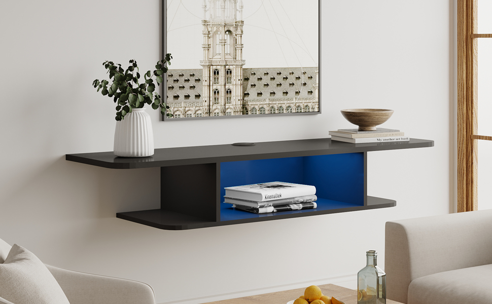 FITUEYES Black Floating TV Stand Wall Mounted Entertainment