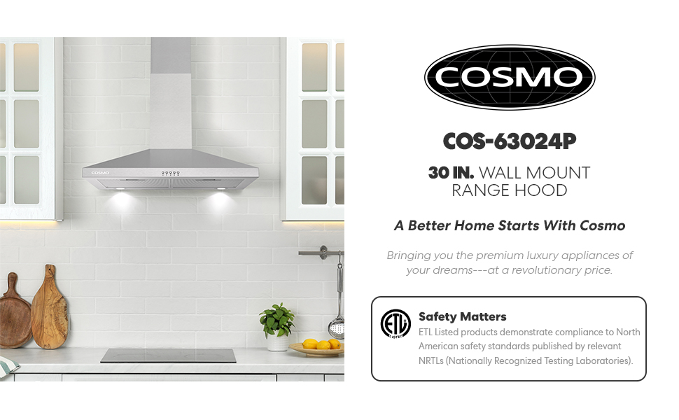 63024P, Cosmo Wall Mount Range Hood, Stainless Steel, LED Lights, Push Button Controls, Convertible