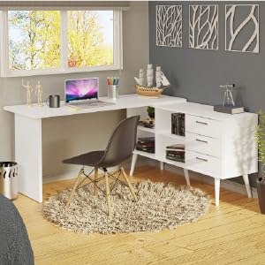  Escrivaninha Mesa de Escritório de Canto 3 Gavetas Branca Lisboa Madesa 