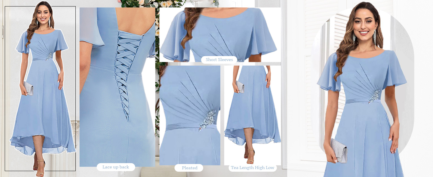 YTKEIO Tea Length Mother of The Bride Dresses with Sleeves Chiffon High Low Formal