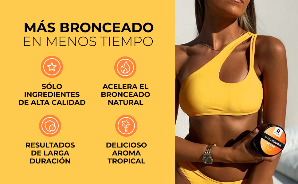 Publicidade de produtos de bronzeamento em espanhol. Apresenta pessoa em trajes de banho amarelos. Reivindica bronzeamento mais rápido com ingredientes de alta qualidade, resultados duradouros e aroma tropical