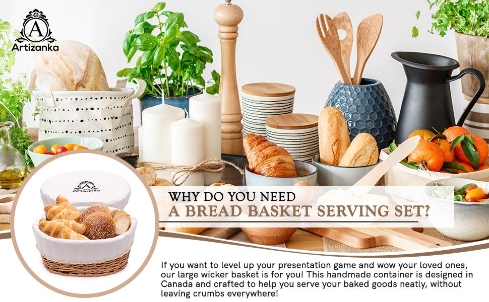 Large Bread Basket for Serving Set 12x9” Wicker Basket with Removable