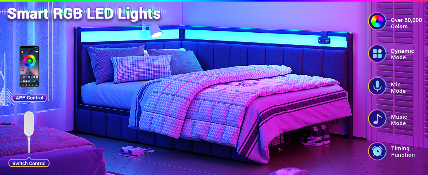 Corner Bed Frame Twin Size with LED Lights and Charging Station