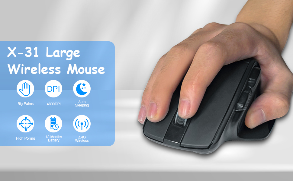 Wireless Mouse for Laptop, Large Mouse for Big Hands, 2.4G Optical