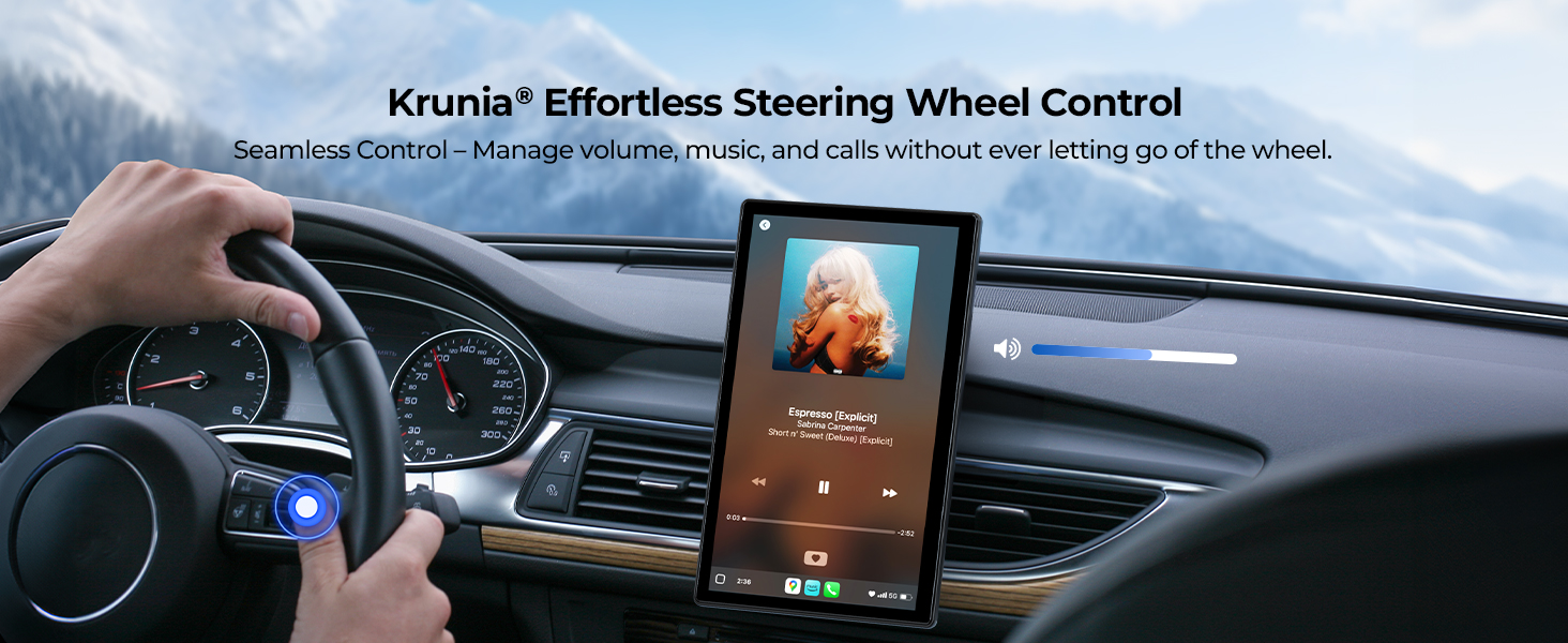 Car dashboard with steering wheel and large touchscreen displaying music player. Hand on wheel demonstrates steering control device with blue light indicator.