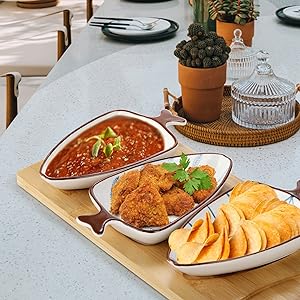 Ceramic Pinch Bowl with Bamboo Tray - Decorative Fish Shaped Chips and Dip Serving Dish Platters