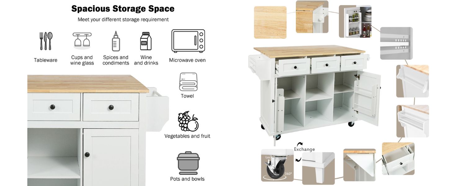 Kitchen Cart with Rubber wood Drop-Leaf Countertop 