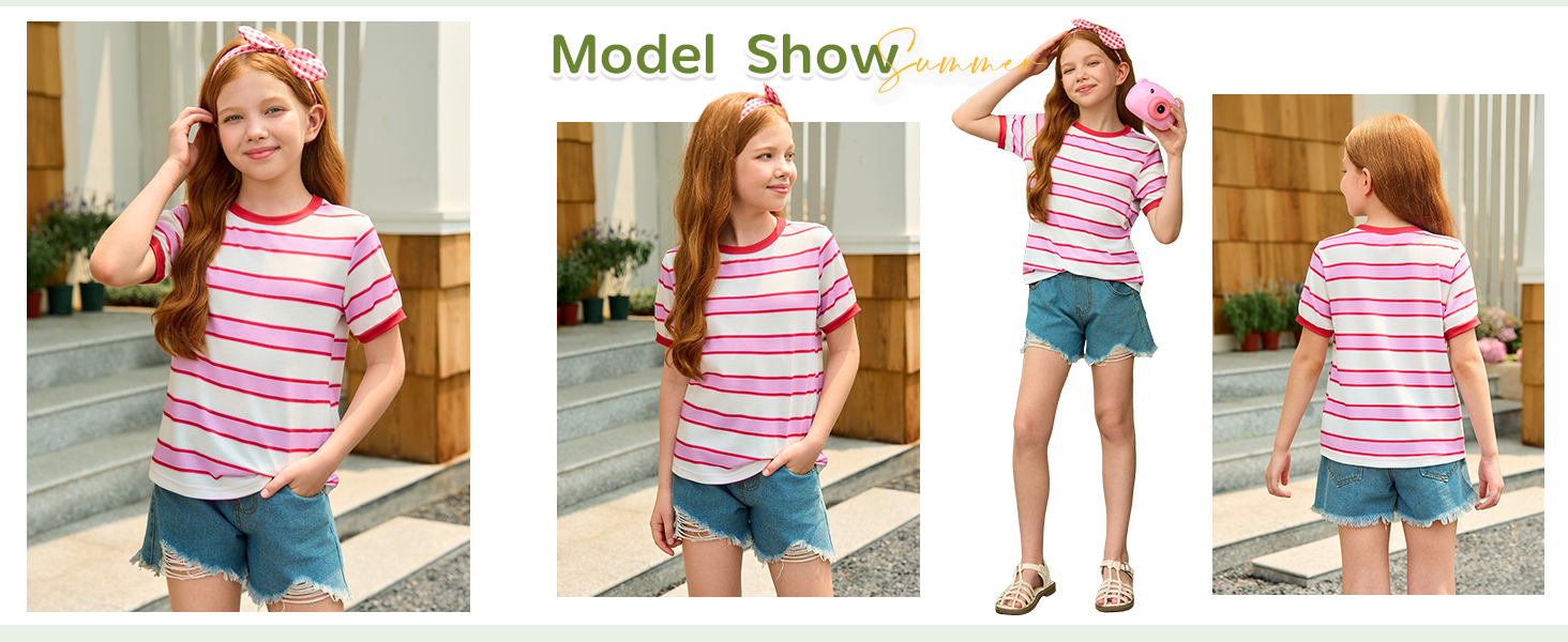 Girls Striped Short Sleeve T Shirts Kids Summer Casual Tops Crewneck Tees Blouses