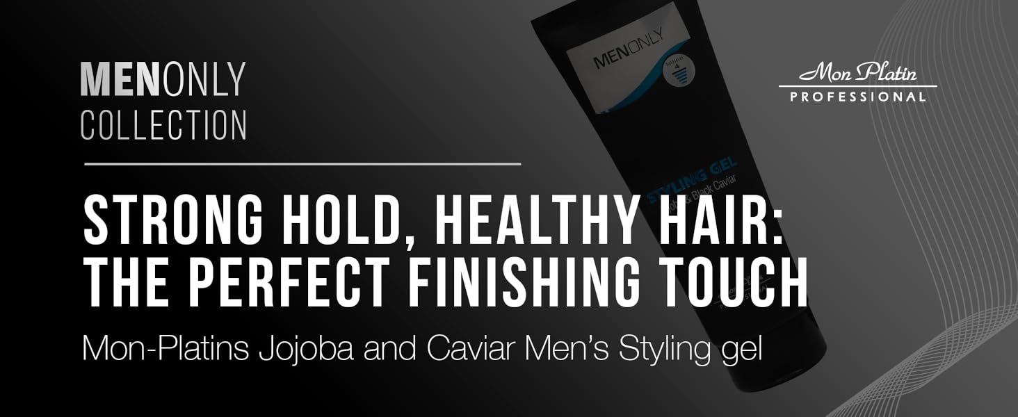 Mon Platin men's styling gel with jojoba and black caviar extracts for strong hold and shine.