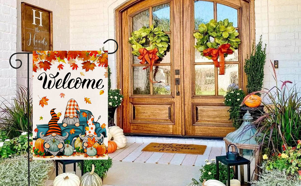 Happy Thanksgiving Fall Garden Flag, Maple Leaves Gnomes