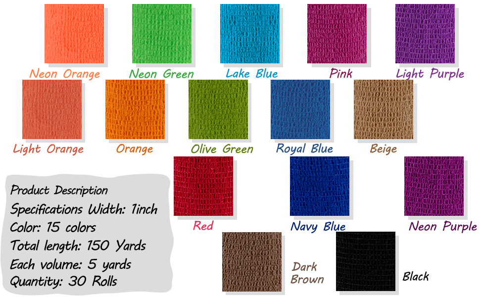 Package includes 30 rolls 1 inch self adherent wrap in 15 different color, 5 yards for each roll