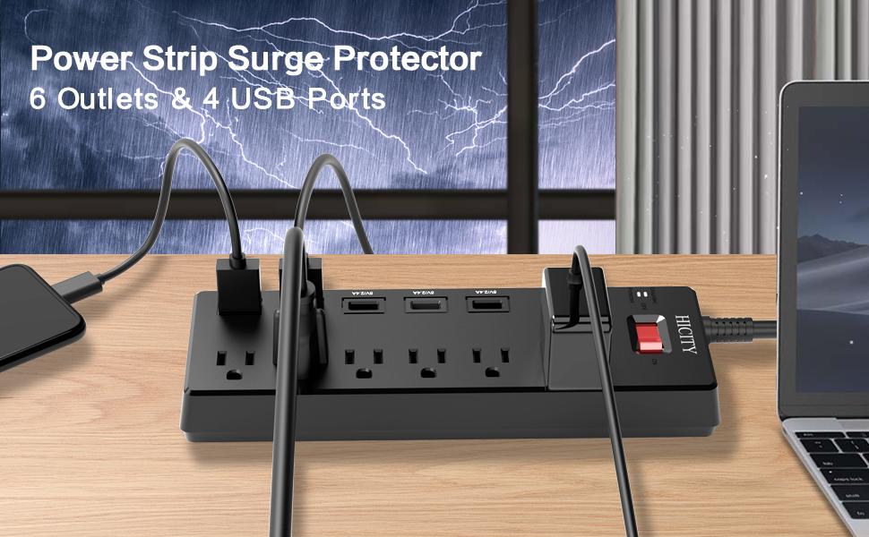 Surge Protector Power Bar, HICITY 6 Feet Extension Cord, Power Strip