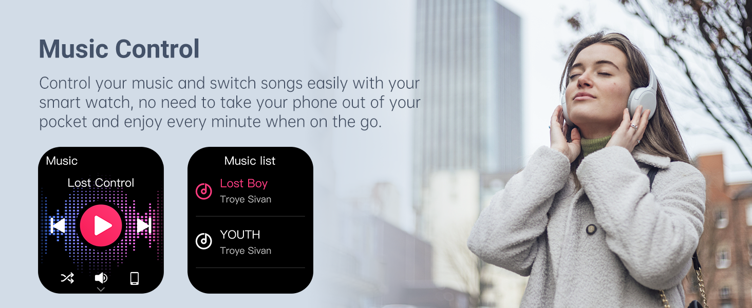 Smartwatch music control feature displayed with interface mockups showing play controls and music list. Woman wearing headphones and a grey coat, enjoying music outdoors.