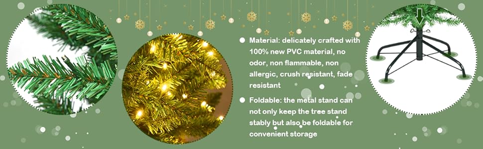 Christmas tree stand advertisement showing illuminated ornament detail and product diagram with specifications against green background.