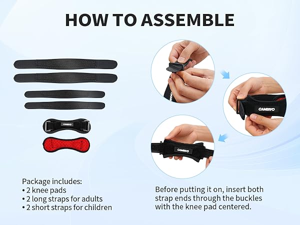 Text reads 'HOW TO ASSEMBLE'. Instruction diagram showing assembly steps for straps, including package contents and insertion method through buckles.