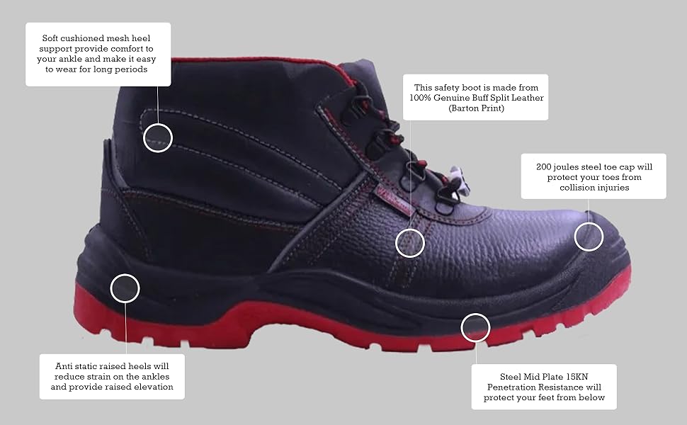 RNS Williams Mens Safety Steel Toe Cap Mid Sole Plate Genuine Leather High Ankle Safety Boots 5 Williams M2