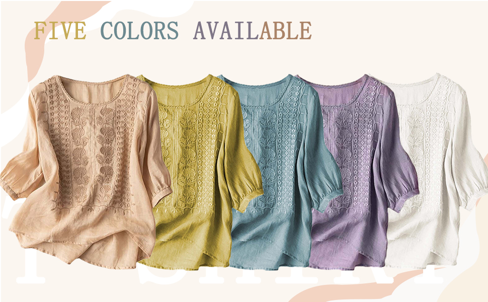 Linen Shirts for Women Summer 2025 Retro Embroidered 3/4 Sleeve Tops Dressy Casual Blouses