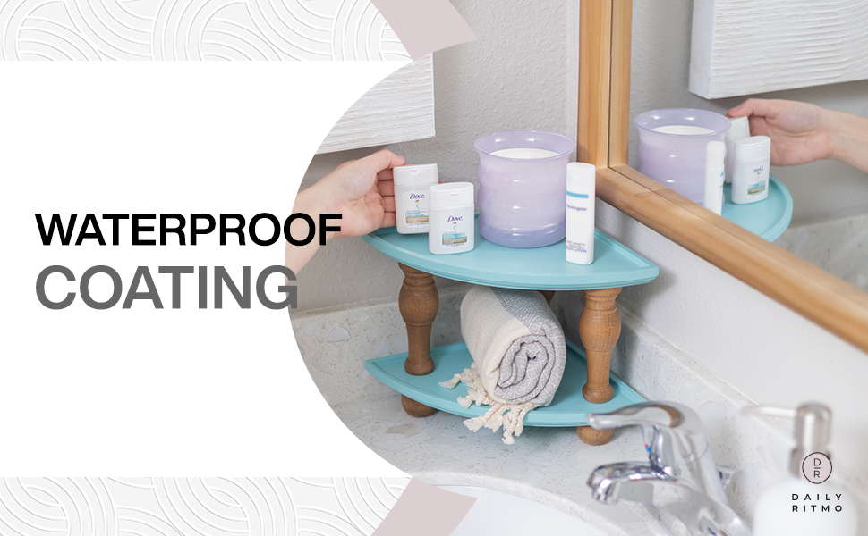 Daily Ritmo aquamarine wood counter corner shelf in a bathroom