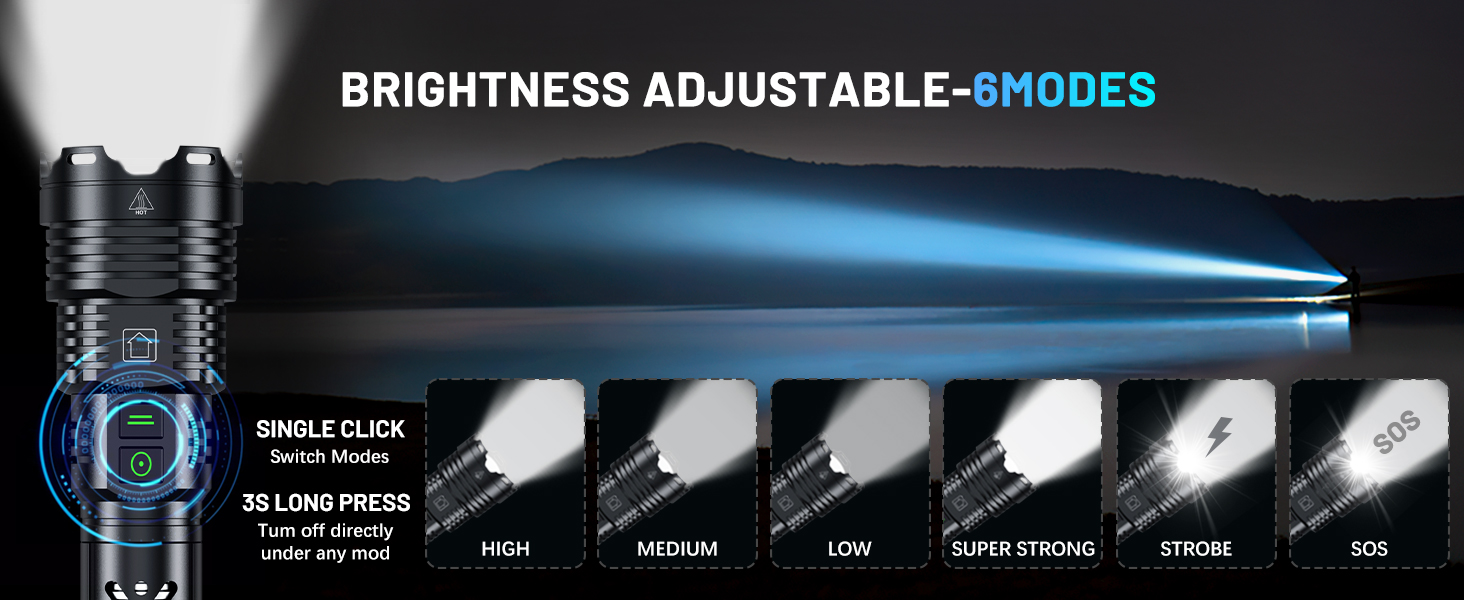 6modes  HIGH MEDIUM LOW SUPER STRONG STROBE SOS