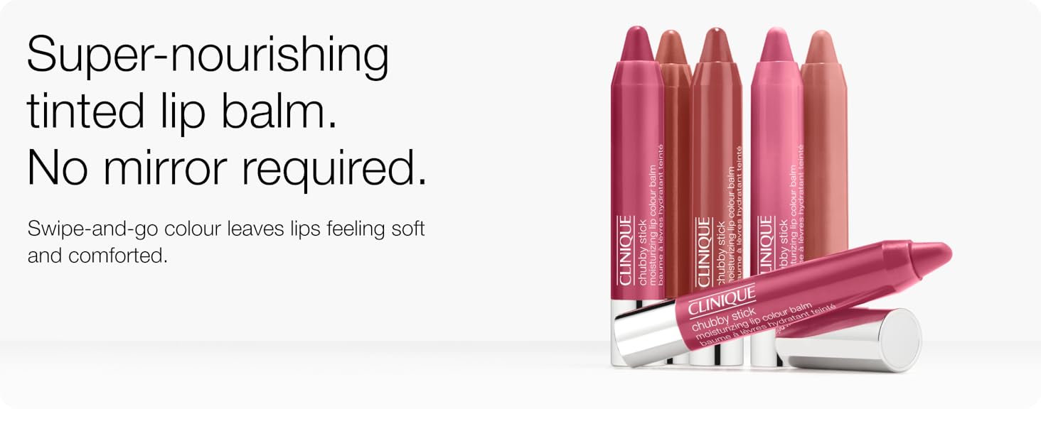 Text reads: 'Super-nourishing tinted lip balm.' and 'No mirror required.' Product image shows pink lip balm applicators arranged in a row.