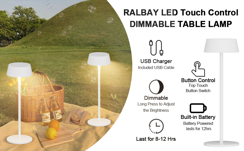 Ralbay 2 Pack White LED Cordless Lamps,5000mAh Battery Operated Table