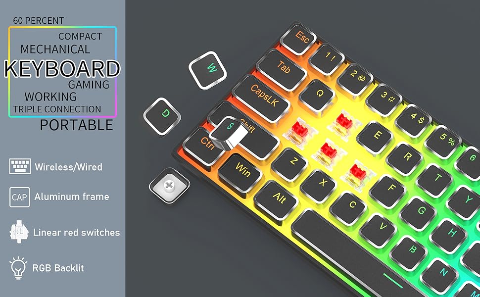 Portable 60 Typewriter Keyboard Wireless, Cute Cool RGB