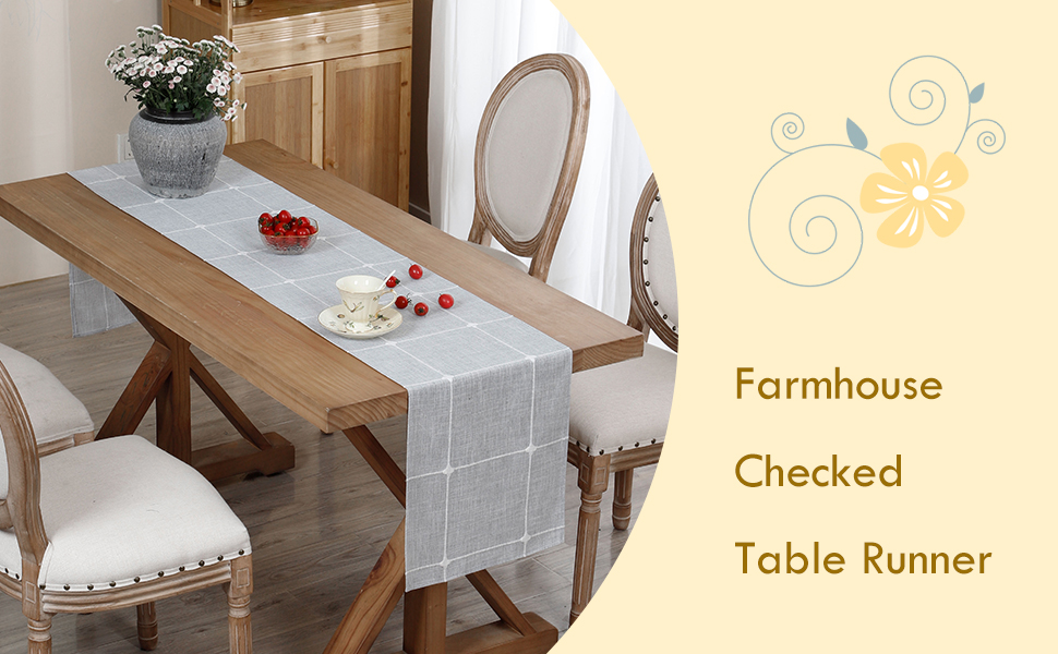 Embroidered Linen Table Runner Rustic Plaid Farmhouse Table Runners
