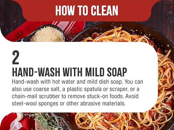 A cast-iron skillet frying pan cooking pasta