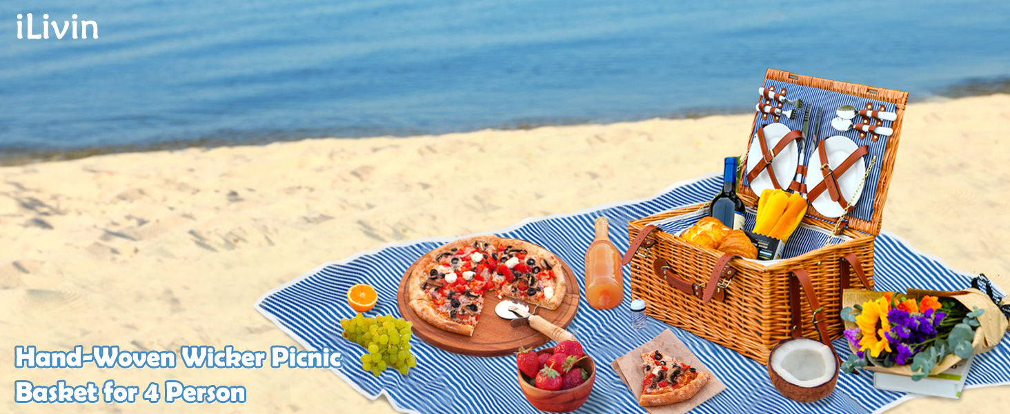 HandWoven Wicker Picnic Basket for 4, with Insulated Cooler Bag