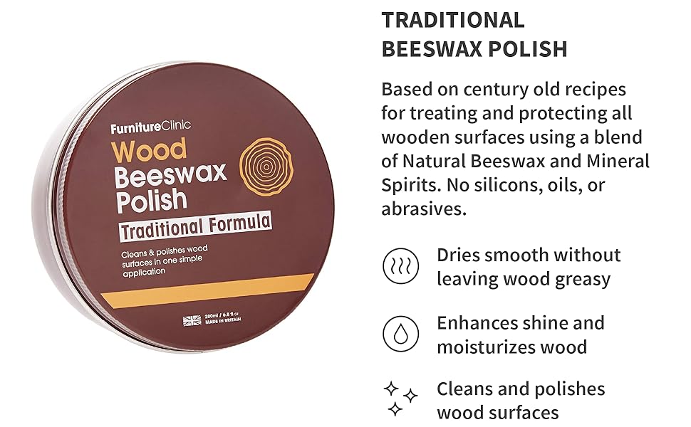 Cleans and polishes wood surfaces. Enhances shine and moisturizes. Dries smooth. Non greasy