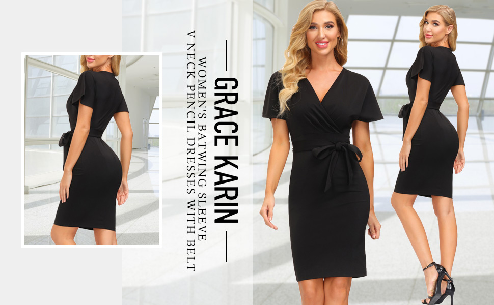 Women's Batwing Sleeve V Neck Pencil Dresses with Belt