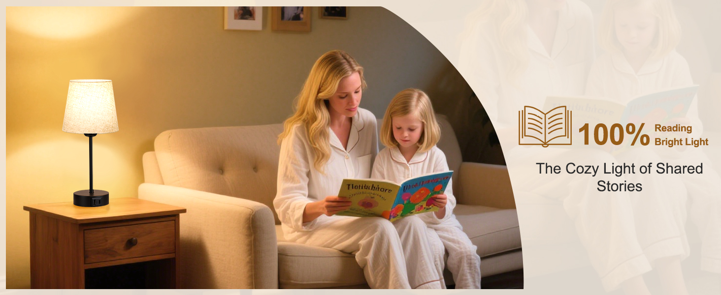 Reading scene with table lamp illuminating a cozy corner where a book is being shared, warm lighting atmosphere.