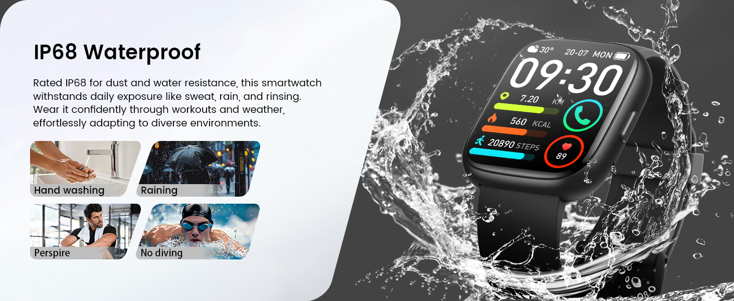 Text reads 'IP68 Waterproof'. Series of product images showing a smart device or watch with digital display showing time '09:30' and water resistance demonstration with splashing effects.