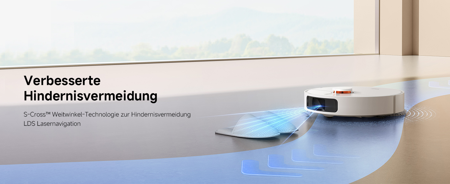 Der Text lautet: „Verbesserte Hindernissvermeidung“. Das Bild zeigt einen Roboterstaubsauger in der Nähe des Möbelbeins mit blauer Sensormarkierung.